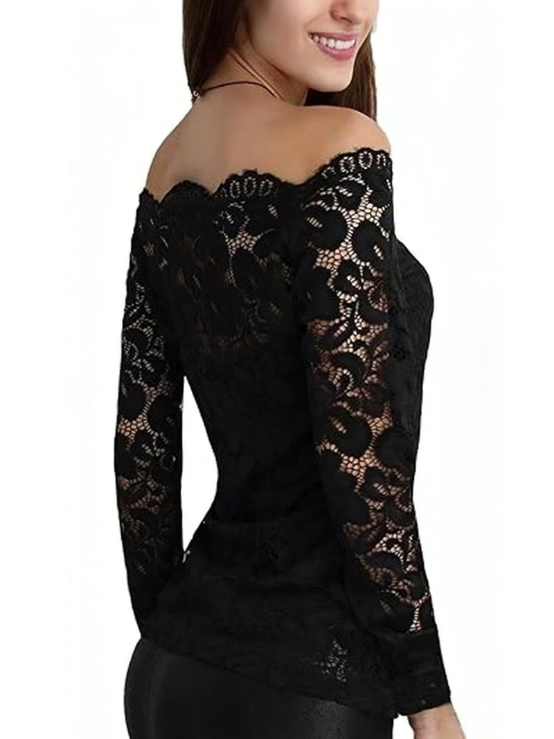 DJT Womens Off The Shoulder Tops Sexy Floral Lace Long Sleeve Slim Fit Shirts Dressy Casual Party Clubwear Outfits Black S - Image 2